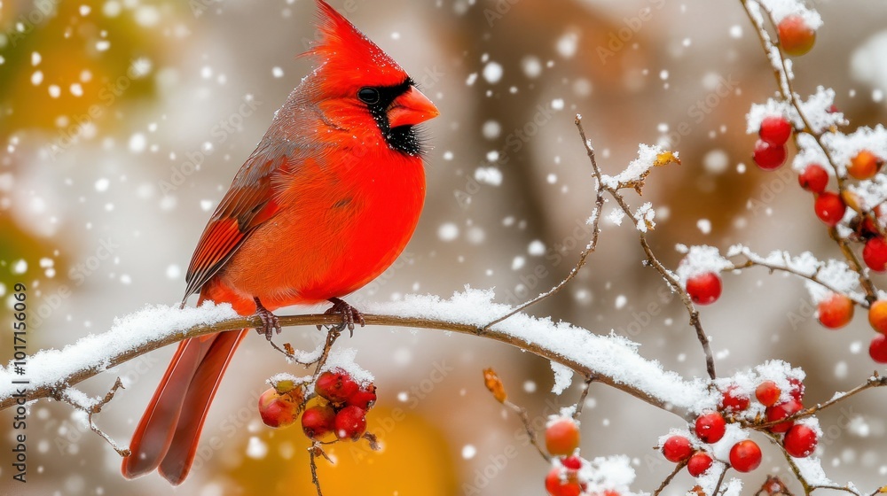 A Red Cardinal Perched on a Snow-Covered Branch with Red Berries A Red Cardinal Perched on a Snow-Covered Branch with Red Berries