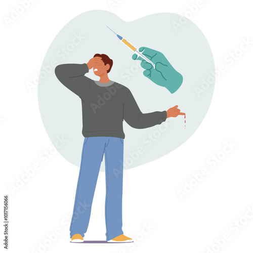 Cartoon Man Character With A Fearful Expression Turning Away From A Large Hand Holding A Needle, Vector Image