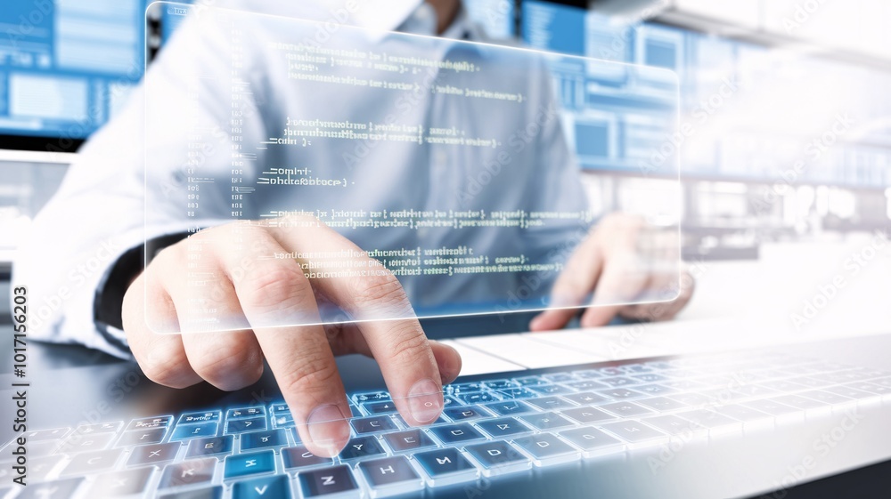 A close-up of a programmer typing on a virtual keyboard while reviewing AI-generated code on a transparent holographic screen in real-time. A close-up of a programmer typing on a virtual keyboard while reviewing AI-generated code on a transparent holographic screen in real-time.