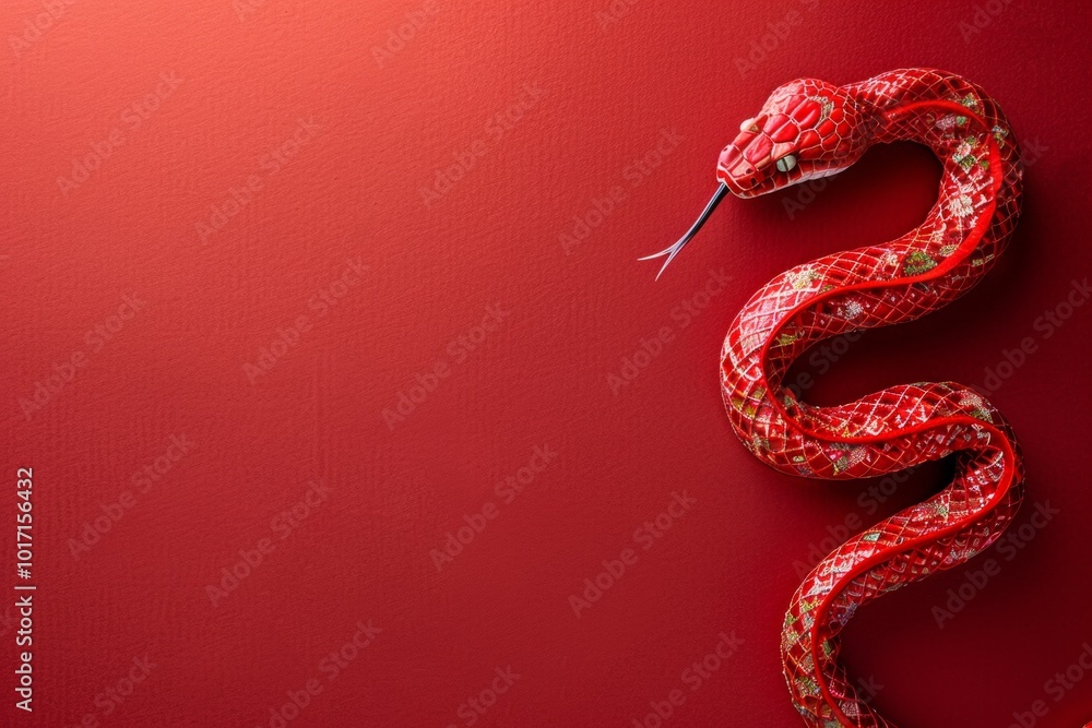 Obraz premium The monochromatic red snake, artistically positioned on a textured red background, creates a compelling and powerful visual statement.