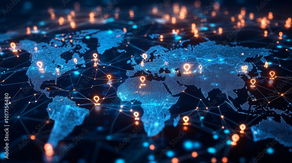 A Digital World Map with Interconnected Location Pins A Digital World Map with Interconnected Location Pins