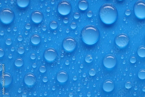 Water drops on blue background, top view