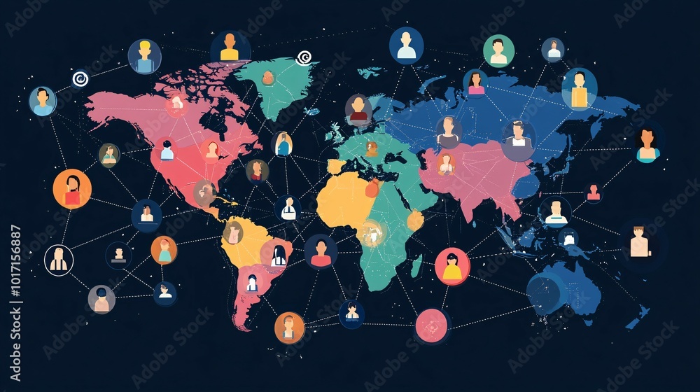 Global Network of Connected People on a World Map Global Network of Connected People on a World Map