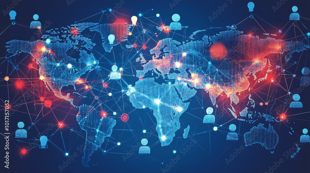 A digital representation of the world connected by a network of lines and icons. A digital representation of the world connected by a network of lines and icons.