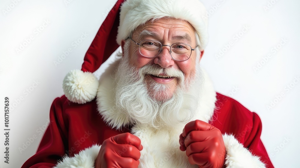 Cheerful Santa Claus in a traditional red suit joyfully extends his arms. White background Cheerful Santa Claus in a traditional red suit joyfully extends his arms. White background