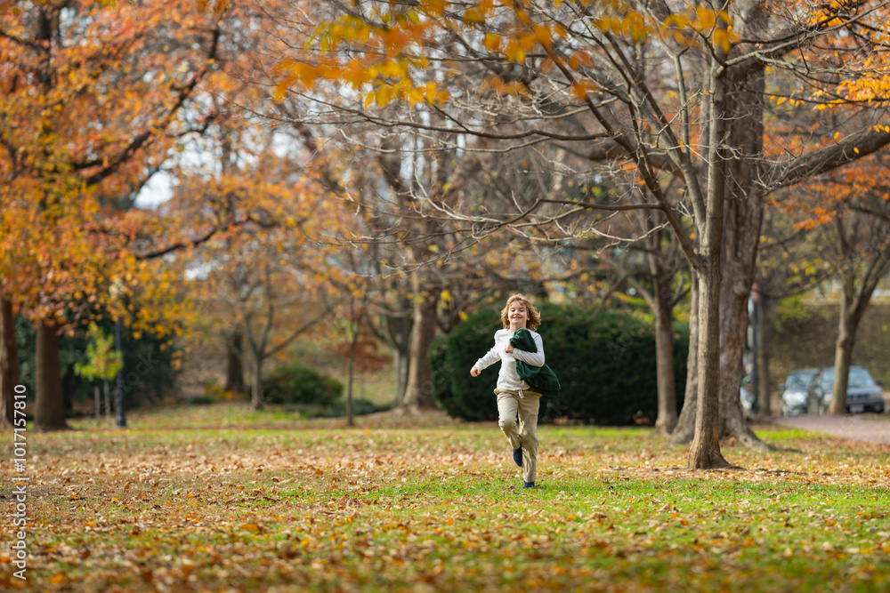 Fototapeta premium Autumn Baby Portrait In Fall Yellow Leaves. Little Child play in Park Outdoor. Autumn Clothing for warm October Season. Autumnal mood. Little child boy in autumn orange leaves, outdoor.