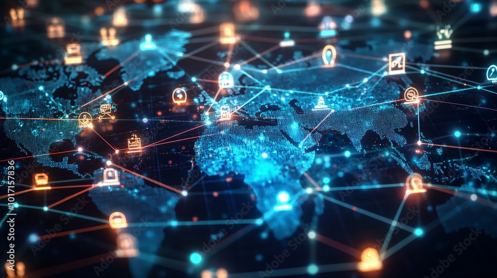 Global Network with Digital World Map and Interconnected Icons Global Network with Digital World Map and Interconnected Icons