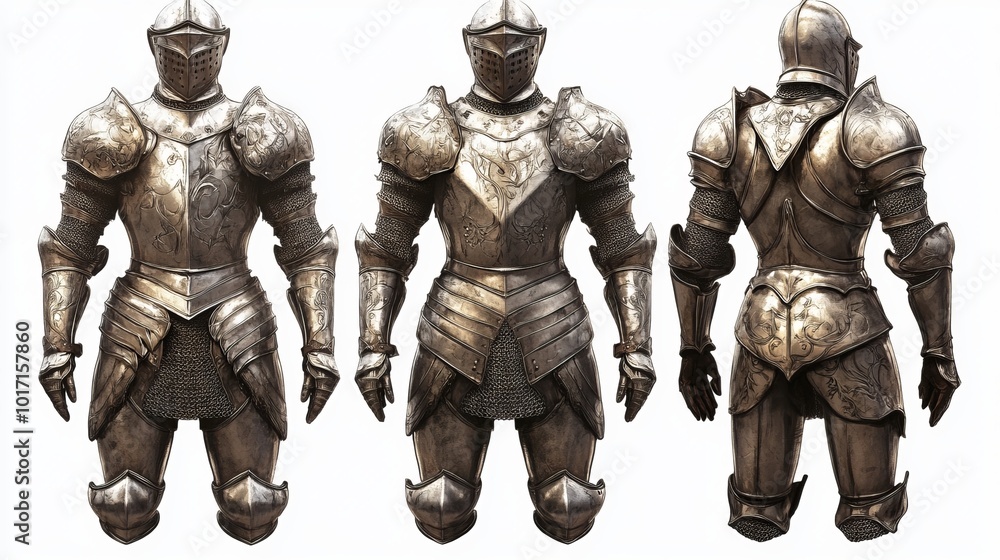 Isolated image of a medieval knight's protective suit of armor on a white background, complete with clipping path Isolated image of a medieval knight's protective suit of armor on a white background, complete with clipping path