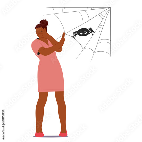 Woman Character Gesturing In Sheer Fear Of A Spider Spinning Its Web. Cartoon Vector Image Captures The Common Phobia
