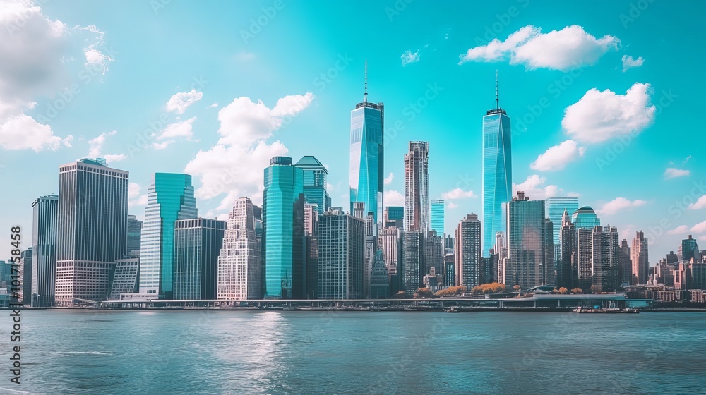 Naklejka premium New York, United States. Manhattan's Midtown skyline, New York City. NYC, NY, Manhattan, USA. large American city. The skyline of Lower Manhattan. New Jersey to New York. Blue sky over downtown 