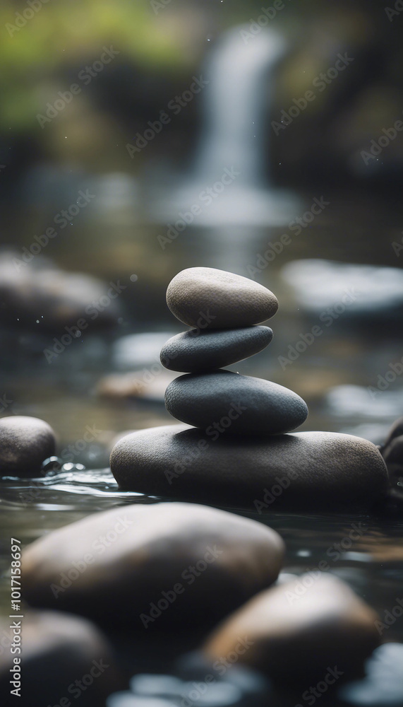 Concept of calm meditation surrounded by water with rock stones vertical Concept of calm meditation surrounded by water with rock stones vertical