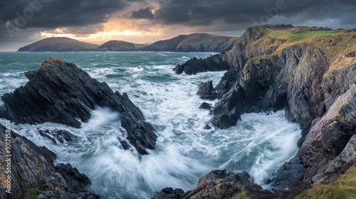 Dramatic Waves Crashing Against Rugged Coastal Cliffs