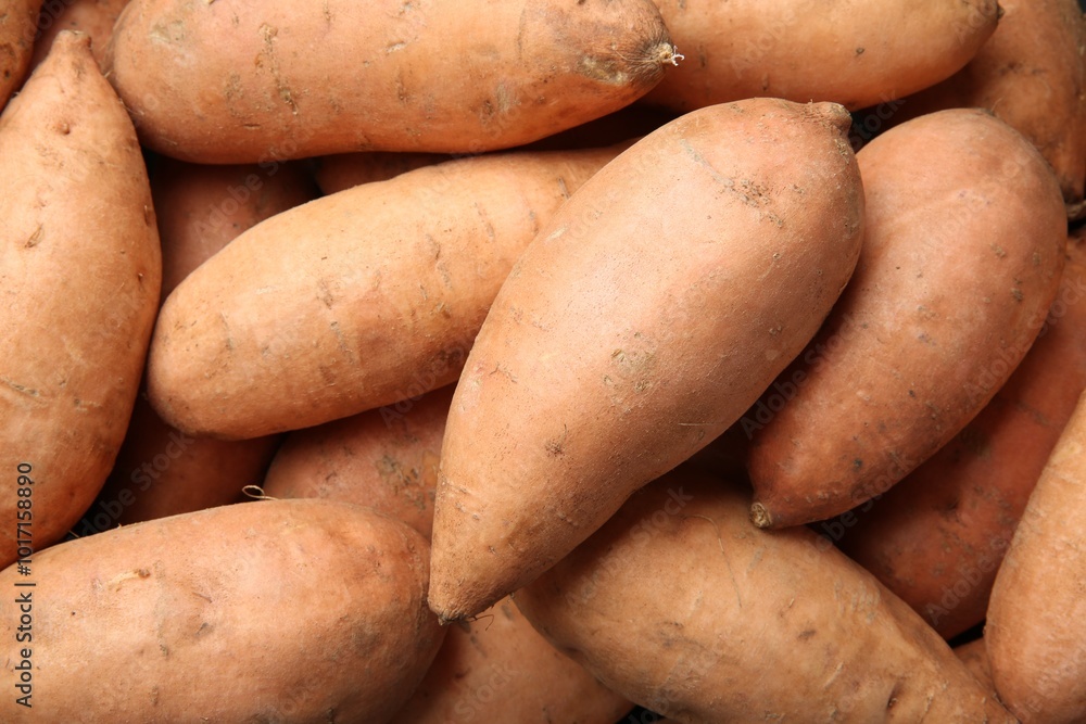 Fresh raw sweet potatoes as background, top view Fresh raw sweet potatoes as background, top view