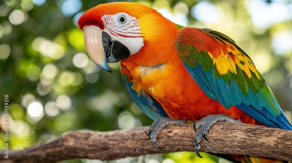 A Scarlet Macaw Perched on a Branch in a Lush Green Forest A Scarlet Macaw Perched on a Branch in a Lush Green Forest