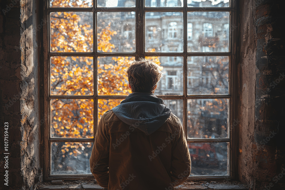 A man standing at a window, lost in thought, struggling with feelings of isolation. Concept of loneliness. A man standing at a window, lost in thought, struggling with feelings of isolation. Concept of loneliness.