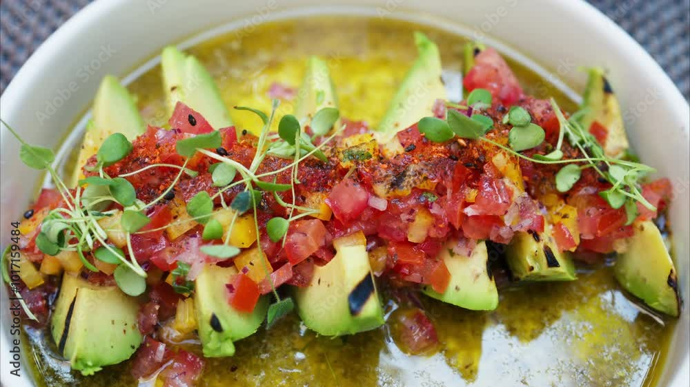 Close up of a woman eating avocado with cut up tomatoes Close up of a woman eating avocado with cut up tomatoes