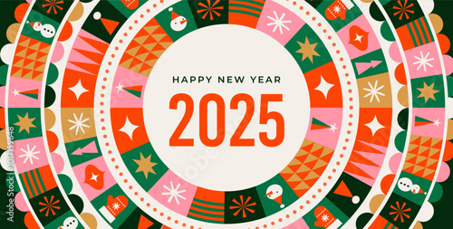 Merry Christmas and Happy New Year modern abstract minimalist geometric style. Christmas colorful illustration in flat cartoon style. Xmas backgrounds with patterns