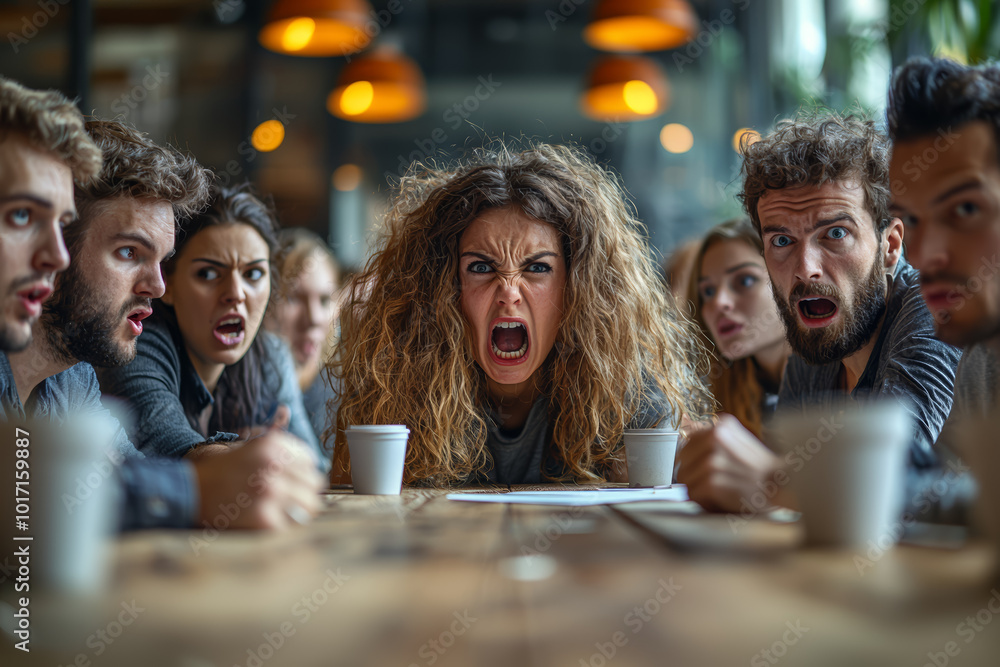 A group of coworkers in a heated discussion, each person trying to talk over the others. Concept of workplace disagreement. A group of coworkers in a heated discussion, each person trying to talk over the others. Concept of workplace disagreement.