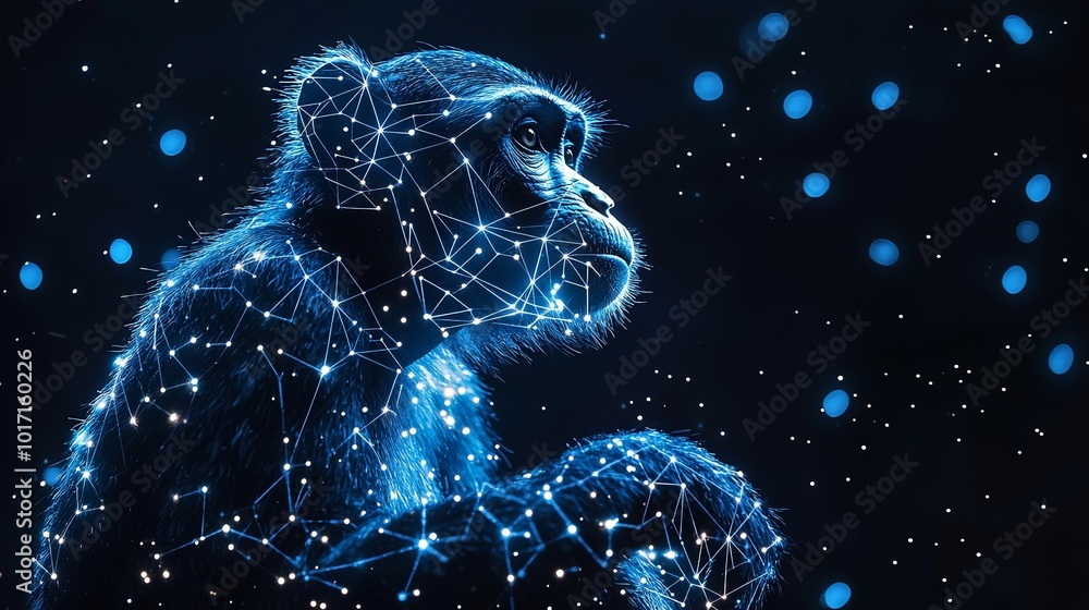 A digital monkey is portrayed with a glowing network of connections overlaying its body, symbolizing intelligence and interconnectedness in a futuristic style. A digital monkey is portrayed with a glowing network of connections overlaying its body, symbolizing intelligence and interconnectedness in a futuristic style.