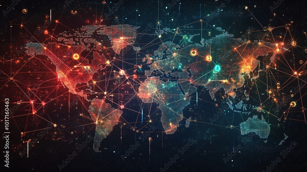 Global Network of Interconnected Nodes on a Digital World Map Global Network of Interconnected Nodes on a Digital World Map