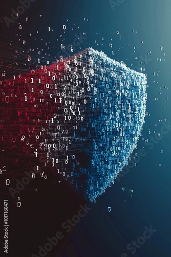 Digital shield made of binary code representing cybersecurity concepts.