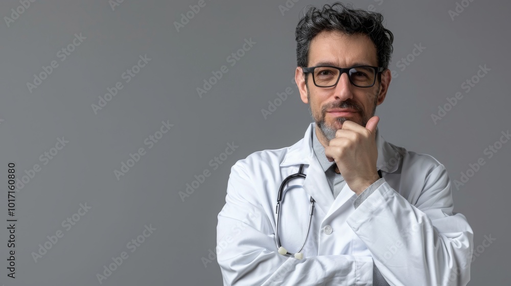 Obraz premium A thoughtful doctor in a white coat looks directly at the camera while holding his chin in contemplation.
