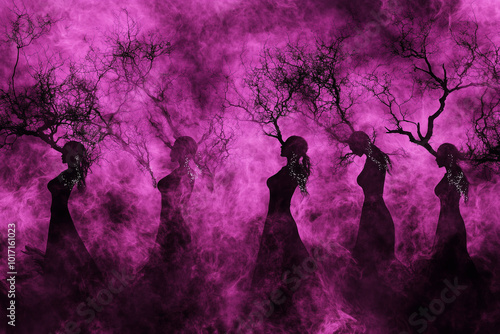 tree goddesses, forest nymphs, dryads suffering in the neon dust or smoke photo