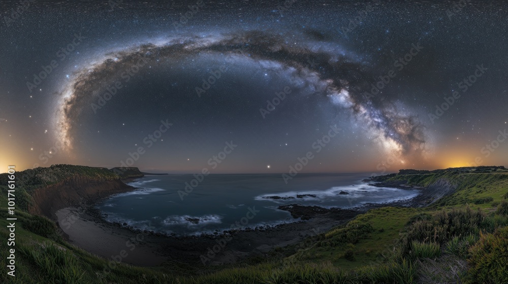 Milky Way Arching Over a Coastal Landscape at Night Milky Way Arching Over a Coastal Landscape at Night