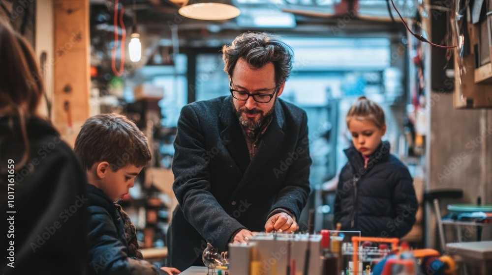 Man and Children Working on a Project in a Workshop Man and Children Working on a Project in a Workshop