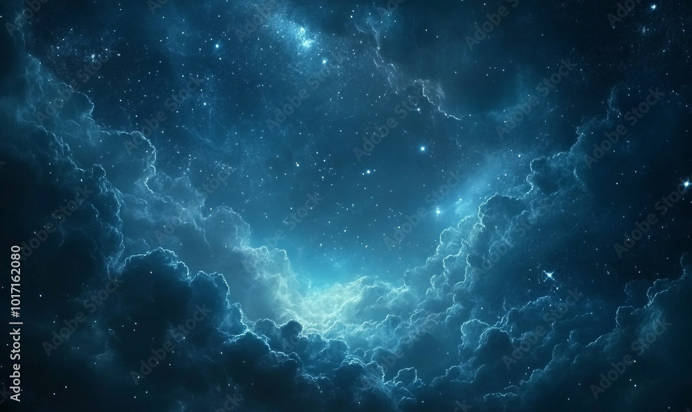 A serene starry night sky depiction, with delicate cloud formations hinting at the vastness of the universe A serene starry night sky depiction, with delicate cloud formations hinting at the vastness of the universe