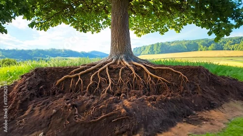 large tree showing its deep roots in rich soil, sunny beautiful day Generative AI 