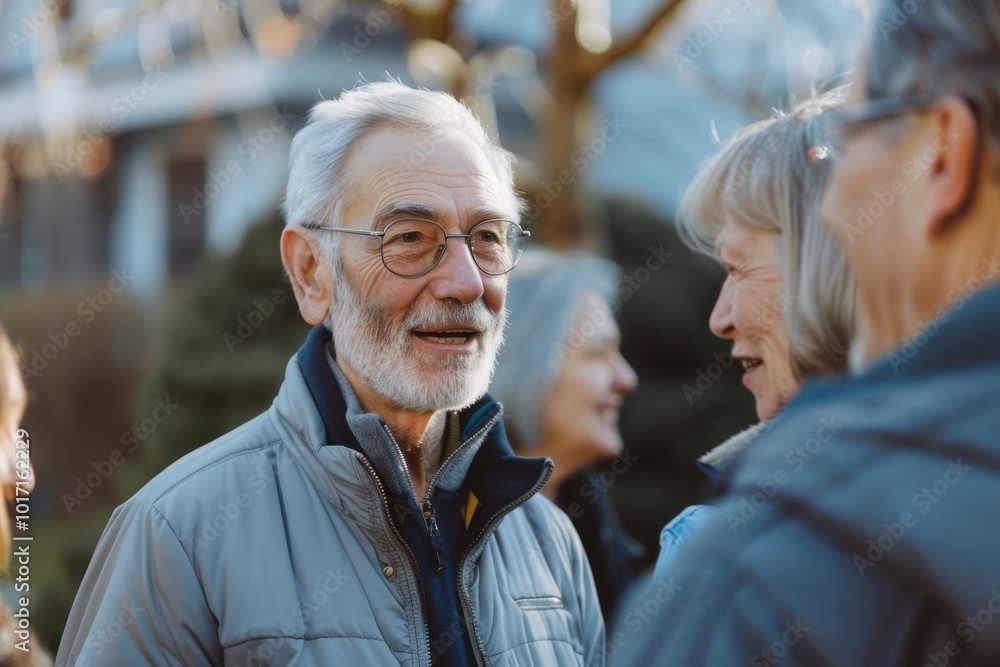 Portrait of smiling senior couple walking in the street. Focus on man Portrait of smiling senior couple walking in the street. Focus on man