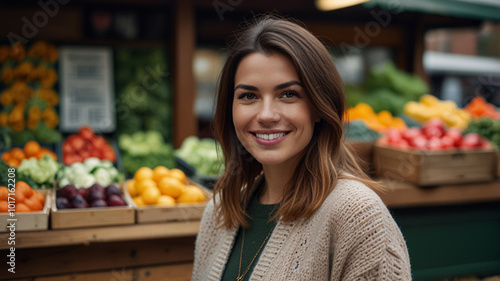 Portrait of relaxed young woman with the background of supermarket grocery store