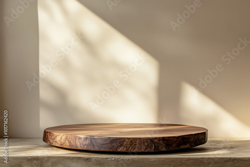 Empty product table against a beige wall background. Wooden podium for presentation.