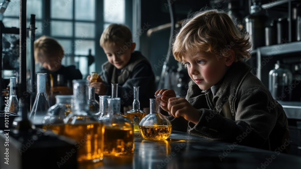 Young Boy Examining a Flask of Yellow Liquid in a Laboratory Setting Young Boy Examining a Flask of Yellow Liquid in a Laboratory Setting