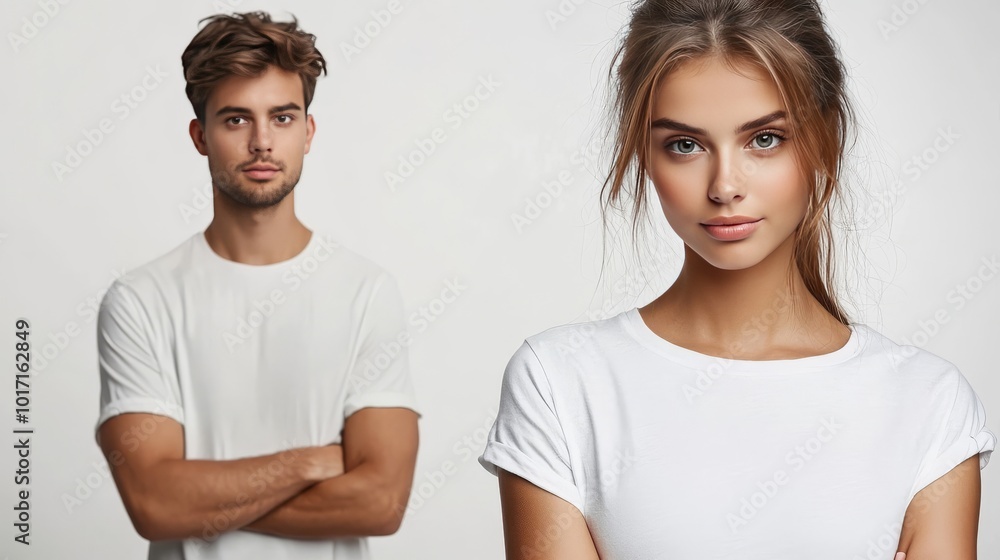 Reserved beauty wears white tee, keeps hands crossed, posing nervously against studio backdrop. Reserved beauty wears white tee, keeps hands crossed, posing nervously against studio backdrop.