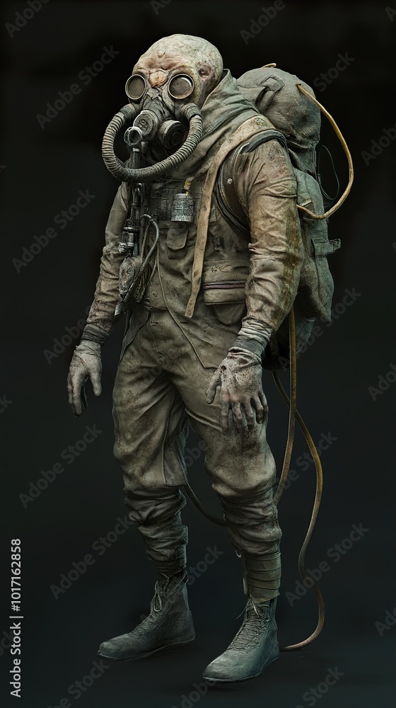 Fototapeta premium Post-Apocalyptic Soldier in Gas Mask, Futuristic Concept Art