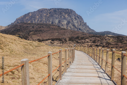 Hallasan National Park, Jeju island, South Korea, spring landscape view of Yeongsil trail, Halla volcano peak, trekking and climbing to Halla mountain, travel and hiking in Korea, Jeju-do, sunny day photo