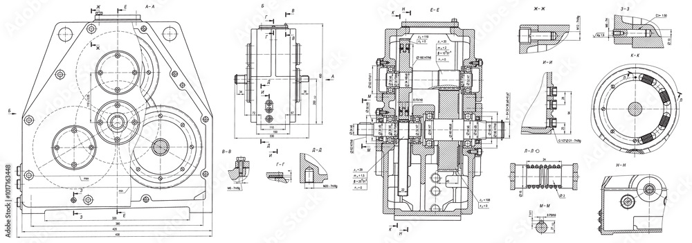Engineering mechanical pencil drawing of steel devices
(reducer, gearbox, engine)
with dimension lines. Industrial
cad scheme on white paper sheet. Technology background
of machine building industry. Engineering mechanical pencil drawing of steel devices
(reducer, gearbox, engine)
with dimension lines. Industrial
cad scheme on white paper sheet. Technology background
of machine building industry.