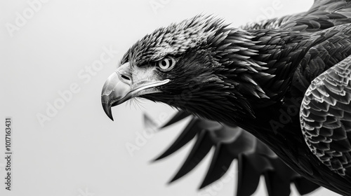 Black and white photo of an eagle with its wings spread out