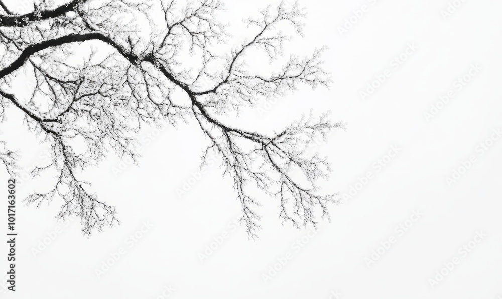 Ice-encased branches with intricate frost patterns, set against a pale winter sky Ice-encased branches with intricate frost patterns, set against a pale winter sky