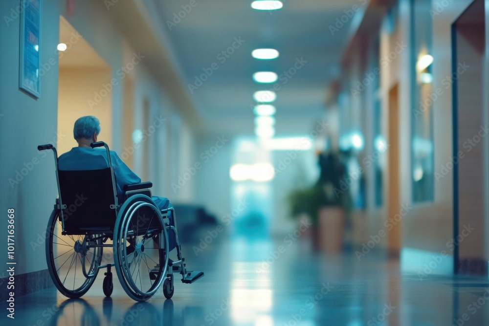 Clinic hallway with a blurred background, focus on a wheelchair, professional medical setting, calm and caring atmosphere, Clinic hallway with a blurred background, focus on a wheelchair, professional medical setting, calm and caring atmosphere,