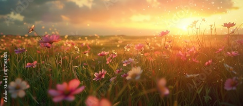 Sunset Over Meadow Flowers