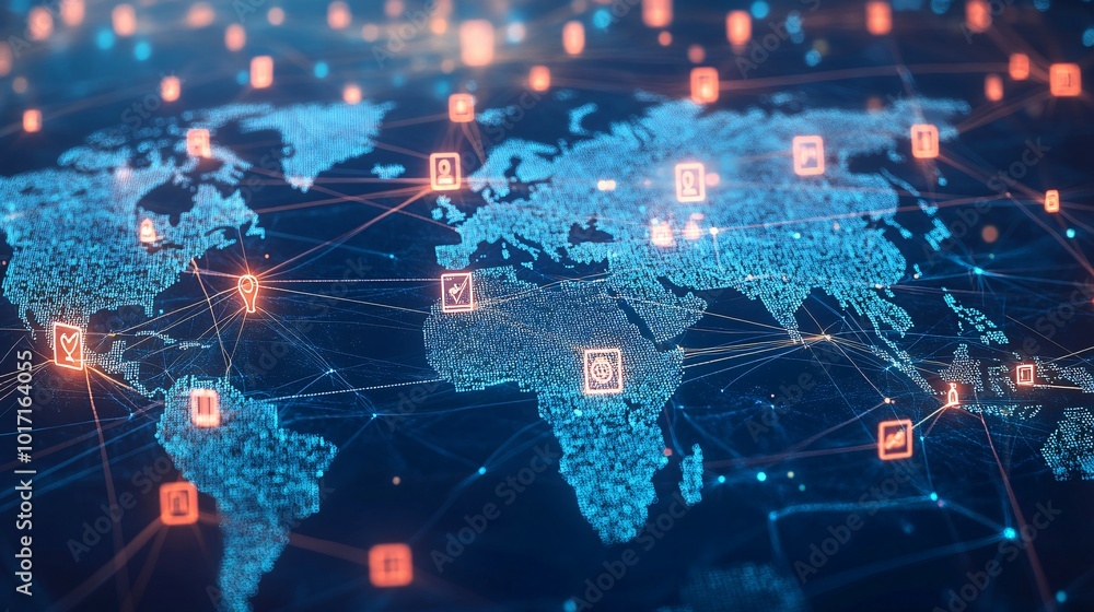Global Network of Interconnected Data Points with Icon Markers Global Network of Interconnected Data Points with Icon Markers