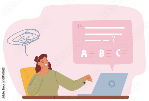 Student Girl Sitting in Front of Laptop Participating In Online Exam. Vector Illustration Shows a Thoughtful Expression