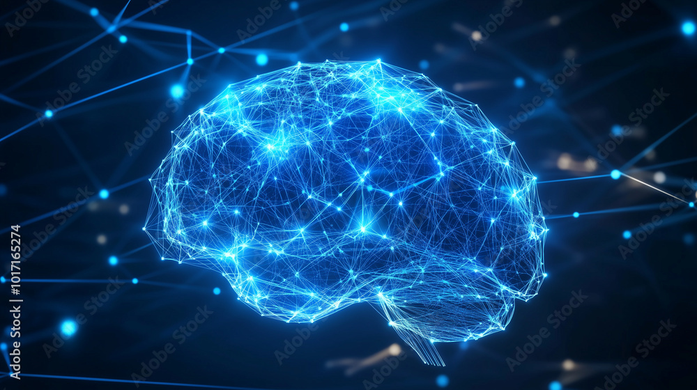 Abstract polygonal human brain on blue background. AI Artificial intelligence and machine learning technology concept Abstract polygonal human brain on blue background. AI Artificial intelligence and machine learning technology concept