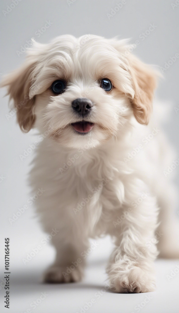 Playful puppy small dog Maltipu runs on a white background vertical Playful puppy small dog Maltipu runs on a white background vertical
