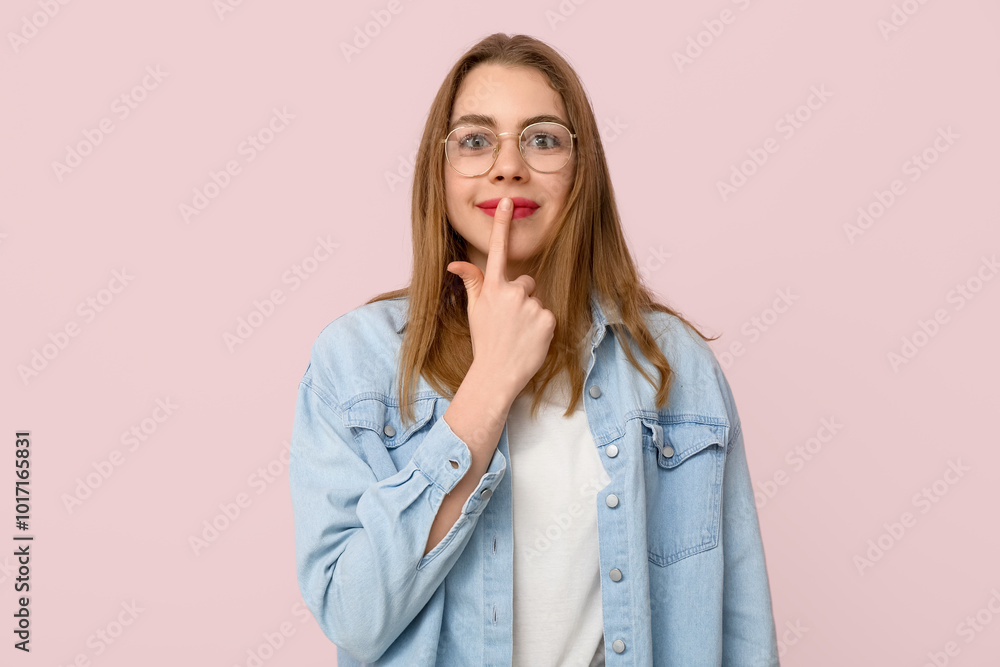 Young deaf mute woman using sign language on pink background Young deaf mute woman using sign language on pink background