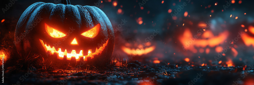 Close-up of a scary jack-o-lantern with glowing eyes, surrounded by out-of-focus jack-o-lanterns. Close-up of a scary jack-o-lantern with glowing eyes, surrounded by out-of-focus jack-o-lanterns.