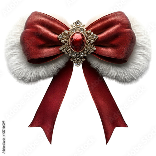 Luxurious red and white Christmas bow with fur trim and gem embellishment on a transparent background.
 photo